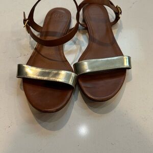 Tory Burch Brown and Gold Sandals with Two-Strap Design